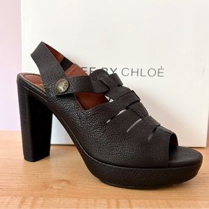 SEE BY CHLOE MENPHIS Leather Stacked Heel Black Sandals Shoes SIZE EU 38 / 7.5US